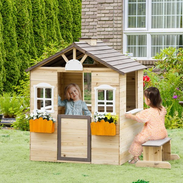 Casetta bimbi 3-7 anni a 2 finestre con portavasi e panchina, in legno di abete e pp, 113lx94x134.5 cm - 