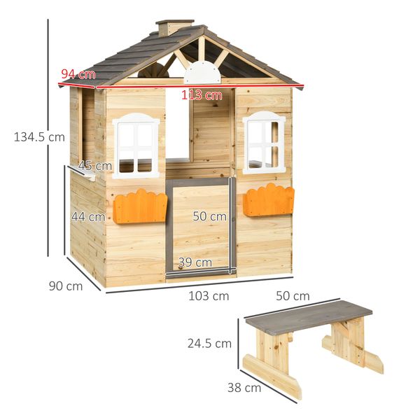 Casetta bimbi 3-7 anni a 2 finestre con portavasi e panchina, in legno di abete e pp, 113lx94x134.5 cm - 