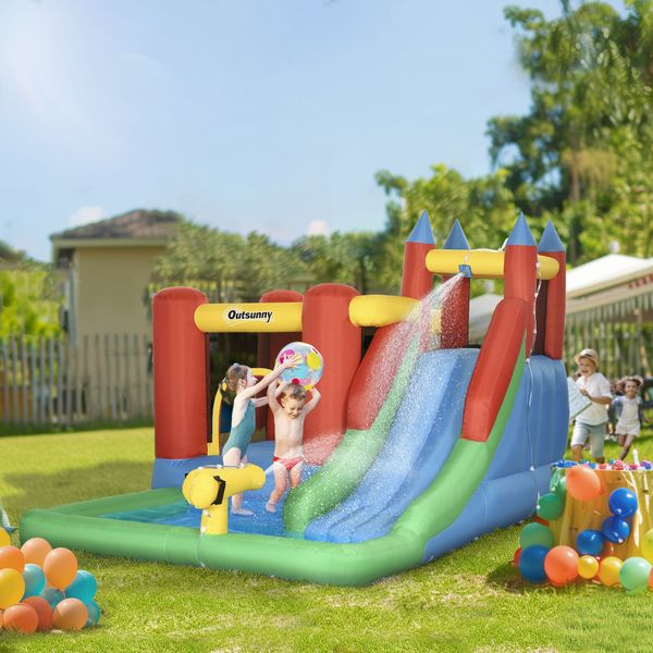 Gioco gonfiabile per bambini 3-8 anni con scivolo, trampolino, piscina, max 4 bambini, 330x245x215cm - 