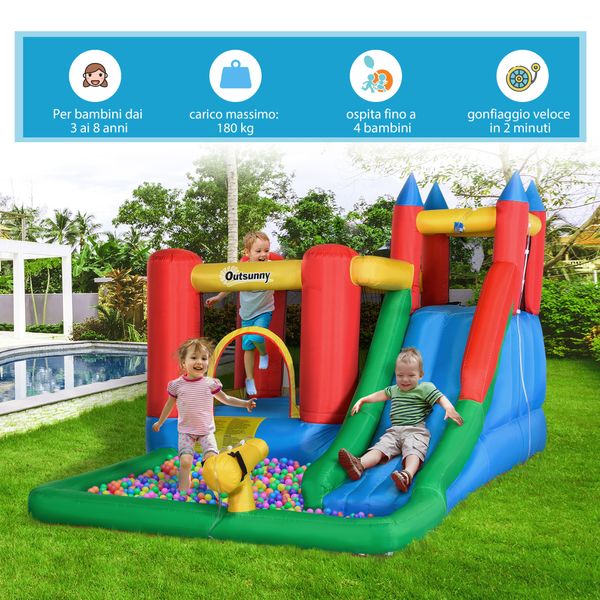 Gioco gonfiabile per bambini 3-8 anni con scivolo, trampolino, piscina, max 4 bambini, 330x245x215cm - 