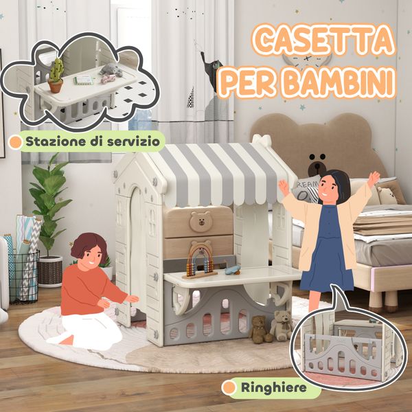 Casetta per bambini 1-6 anni da interno con porte, finestre e bancone da negozio, crema - 