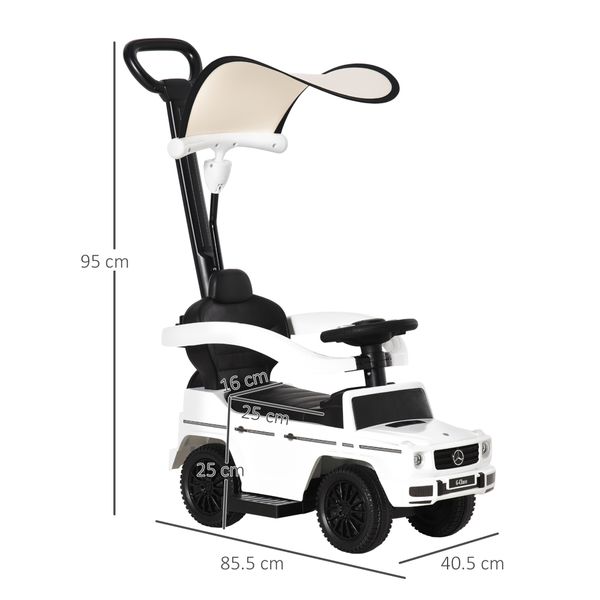 Macchina a spinta per bambini 12-36 mesi con licenza mercedes, tettuccio e maniglia di spinta, 85.5x40.5x95 cm, bianco - 