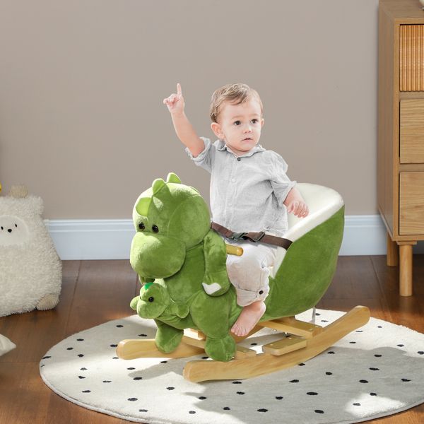 Cavallo a dondolo per bambini 18-36 mesi a dinosauro con suoni e rivestimento morbido, verde - 