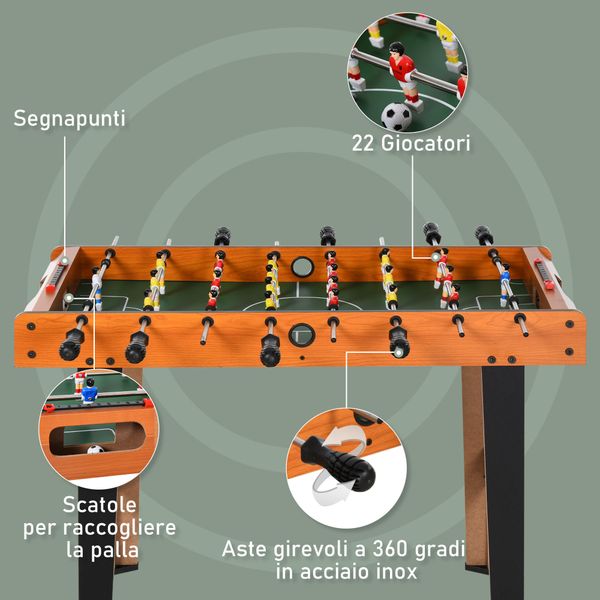 Calcio balilla in legno con 22 giocatori in formazione 3:4:3, 2 palline e 2 segnapunti inclusi 84.5x40x61.2cm - 
