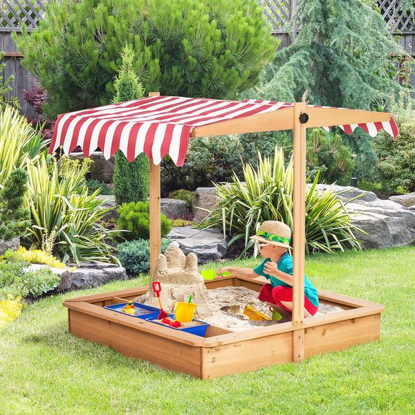 Sabbiera per bambini in legno con tettuccio regolabile, sedute e vaschette, 107.5x107.5x100 cm - 