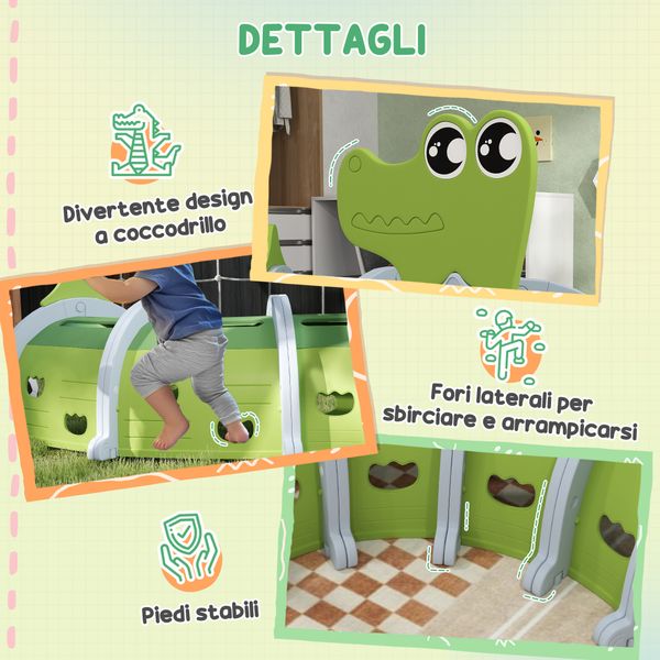 Tunnel per bambini 3-6 anni a forma di coccodrillo, gioco per interno ed esterno in plastica, verde - 