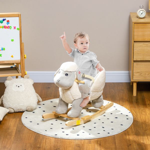 Cavallo a dondolo per bambini 18-36 mesi a forma di pecorella con suoni e rivestimento morbido, grigio - 