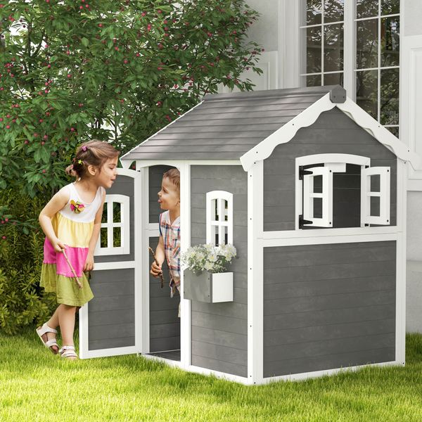 Casetta per bambini 3-8 anni con 6 finestre e fioriera, in legno di abete, 104.5x110x137 cm, grigia - 