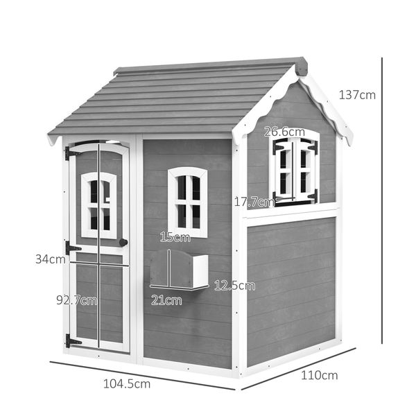 Casetta per bambini 3-8 anni con 6 finestre e fioriera, in legno di abete, 104.5x110x137 cm, grigia - 