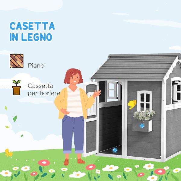 Casetta per bambini 3-8 anni con 6 finestre e fioriera, in legno di abete, 104.5x110x137 cm, grigia - 