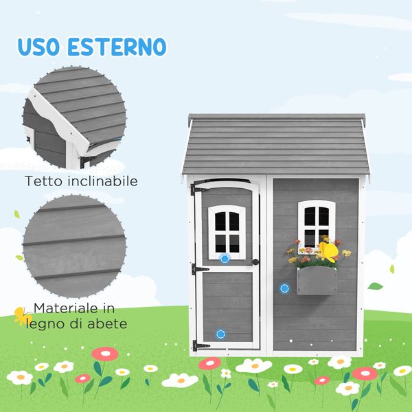 Casetta per bambini 3-8 anni con 6 finestre e fioriera, in legno di abete, 104.5x110x137 cm, grigia - 