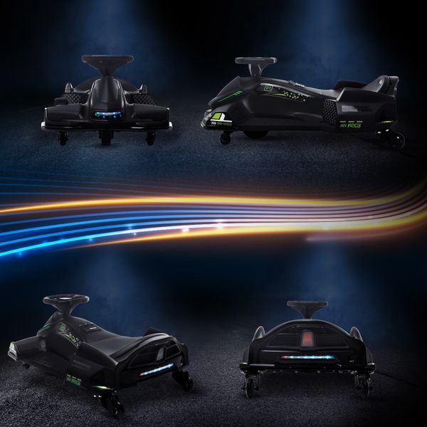 Go kart elettrico per bambini 8-12 anni velocità 3-8 km/h per drifting con luci e musica, nero - 