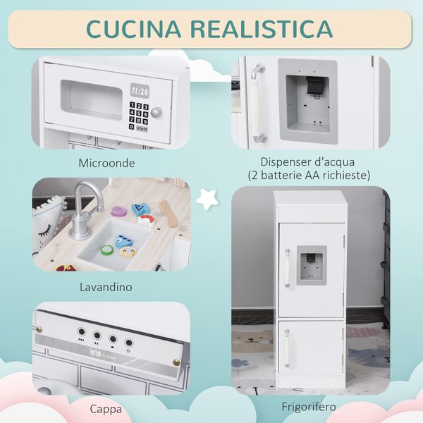 Cucina giocattolo per bambini in legno con 14 accessori, forno, lavandino, frigo e microonde, età 3+ anni, 86x64x84.5cm, bianco e argento - 