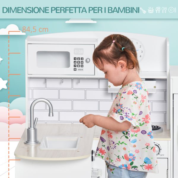 Cucina giocattolo per bambini in legno con 14 accessori, forno, lavandino, frigo e microonde, età 3+ anni, 86x64x84.5cm, bianco e argento - 