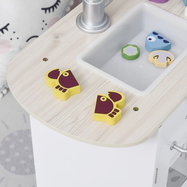 Cucina giocattolo per bambini in legno con 14 accessori, forno, lavandino, frigo e microonde, età 3+ anni, 86x64x84.5cm, bianco e argento - 