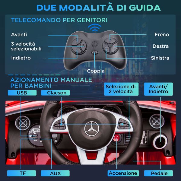 Macchina elettrica per bambini licenza mercedes slc 300 con telecomando, in pp e metallo, 107x62.5x44 cm, rosso - 