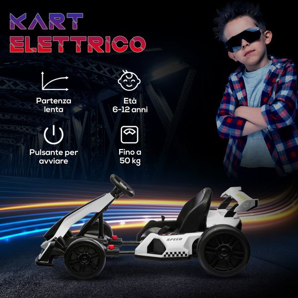 Go kart elettrico per bambini 6-12 anni 24v 12km/h con seggiolino regolabile, bianco - 