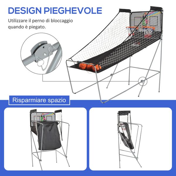 Canestri basket con tabellone led, 4 palloni e 8 modalità di gioco, 205x110x205 cm, bianco e nero - 