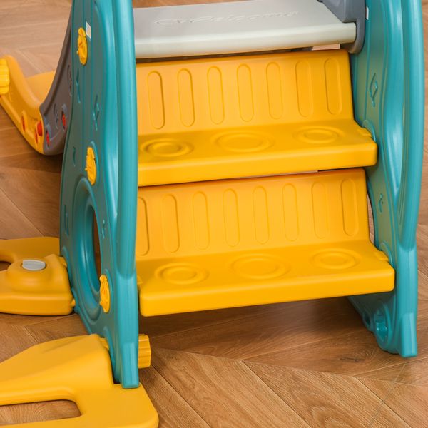 Scivolo 3 in 1 per bambini con altalena regolabile, canestro e palle per cameretta e giardino, 152x149x107cm, blu, grigio, giallo - 