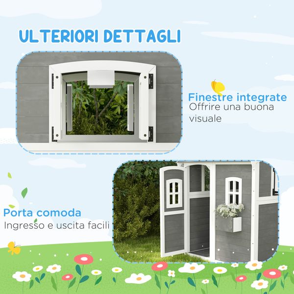 Casetta per bambini 3-8 anni con 6 finestre e fioriera, in legno di abete, 104.5x110x137 cm, grigia - 