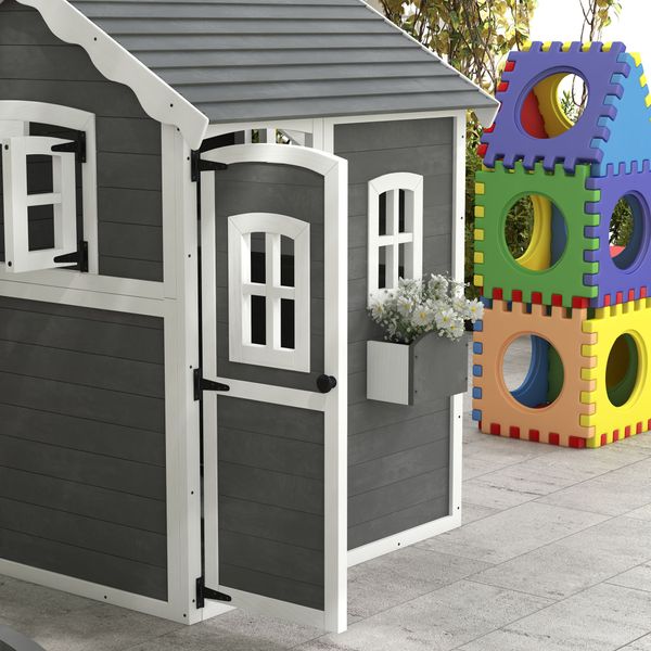 Casetta per bambini 3-8 anni con 6 finestre e fioriera, in legno di abete, 104.5x110x137 cm, grigia - 