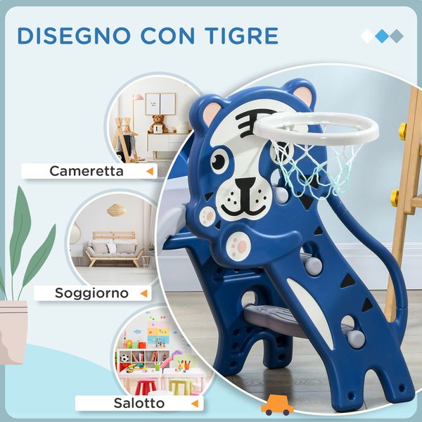 Scivolo per bambini 18-36 mesi con canestro da basket laterale in pe, 133x60x70 cm, blu e grigio - 