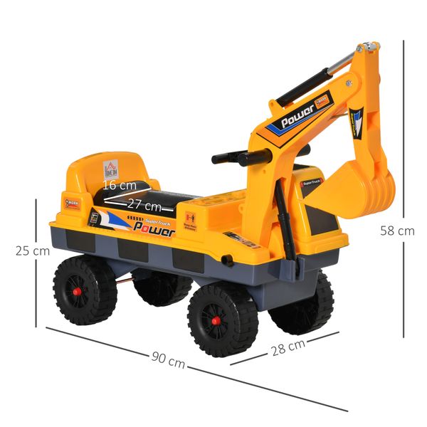 Ruspa giocattolo 2 in 1 con escavatore e mordente, vano nascosto, gioco cavalcabile bambini 2-3 anni, 90x28x58cm, giallo - 