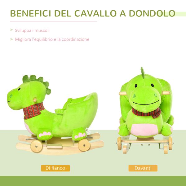 Cavallo a dondolo con ruote, cavalluccio a dondolo a forma di drago per bambini 18-36 mesi, in legno e peluche verde - 