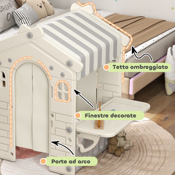 Casetta per bambini 1-6 anni da interno con porte, finestre e bancone da negozio, crema - 