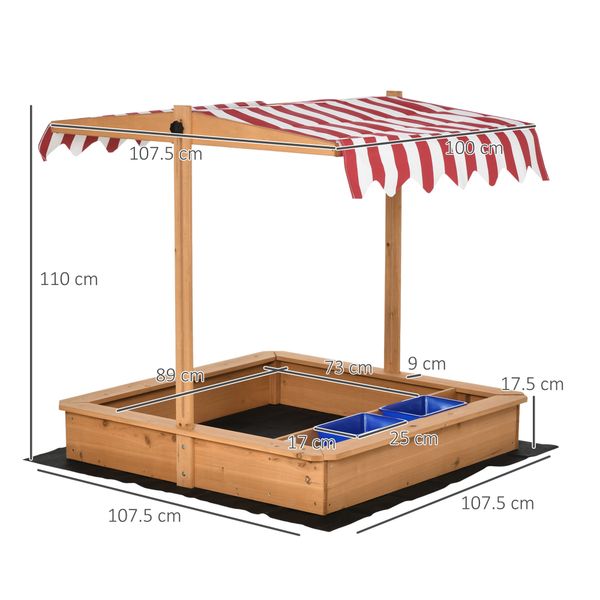 Sabbiera per bambini in legno con tettuccio regolabile, sedute e vaschette, 107.5x107.5x100 cm - 