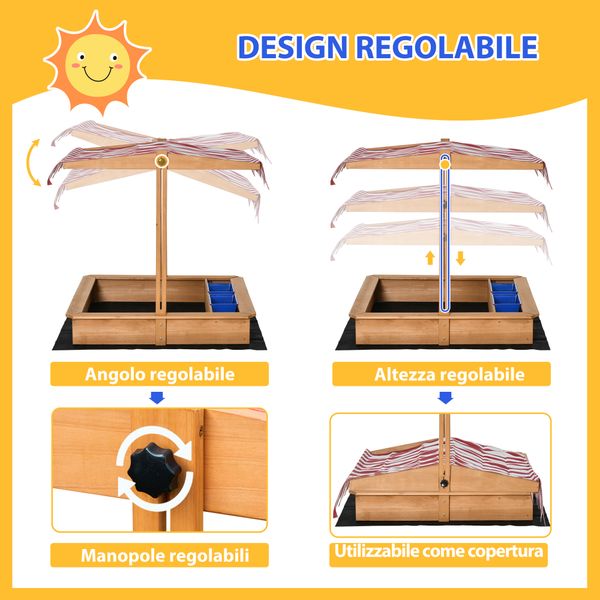 Sabbiera per bambini in legno con tettuccio regolabile, sedute e vaschette, 107.5x107.5x100 cm - 