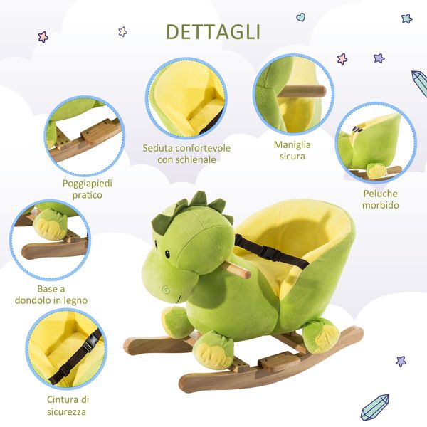 Cavallo a dondolo in legno dinosauro per i bambini 60x33x45cm - 