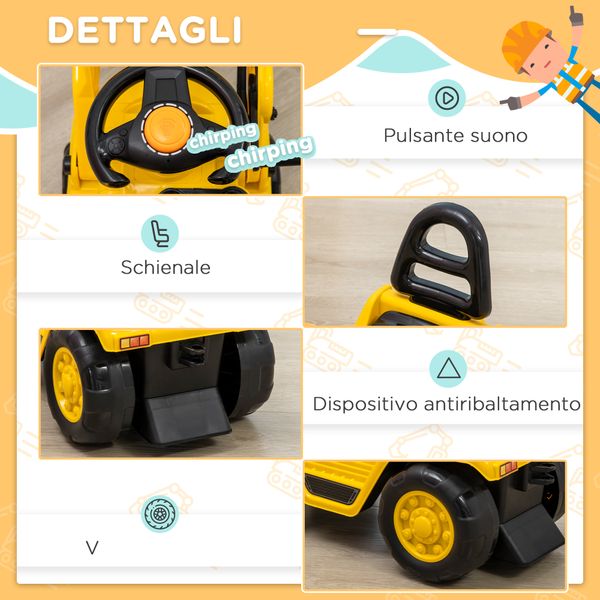 Escavatore per bambini 3-4 anni con pinza, pulsante per suoni e spazio portaoggetti, 83x27x39 cm, giallo e nero - 