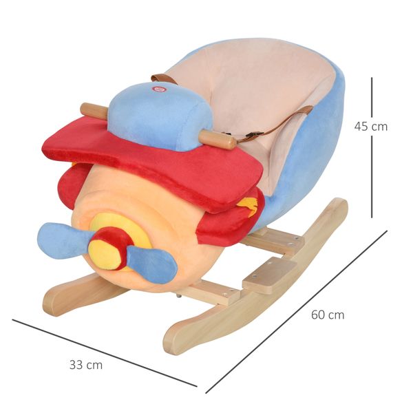 Cavallo a dondolo a forma di aeroplano per bambini di età superiore a 18 mesi, cacalluccio a dondolo con musica incorporata in legno alamo, 60x33x45cm - 
