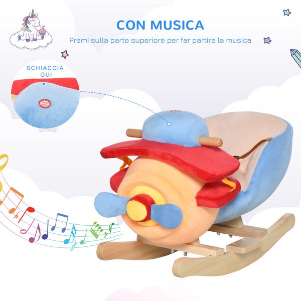 Cavallo a dondolo a forma di aeroplano per bambini di età superiore a 18 mesi, cacalluccio a dondolo con musica incorporata in legno alamo, 60x33x45cm - 