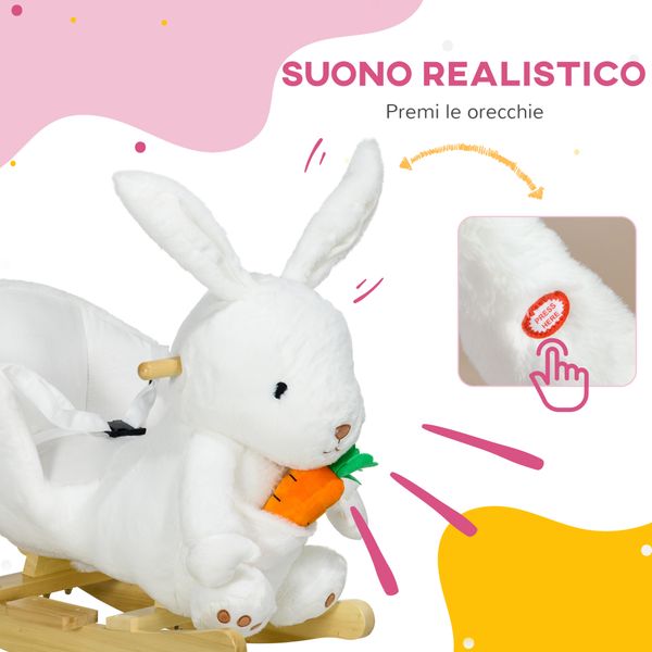 Animale a dondolo a forma di coniglio con suoni e cintura di sicurezza, 60x33x50 cm, bianco - 