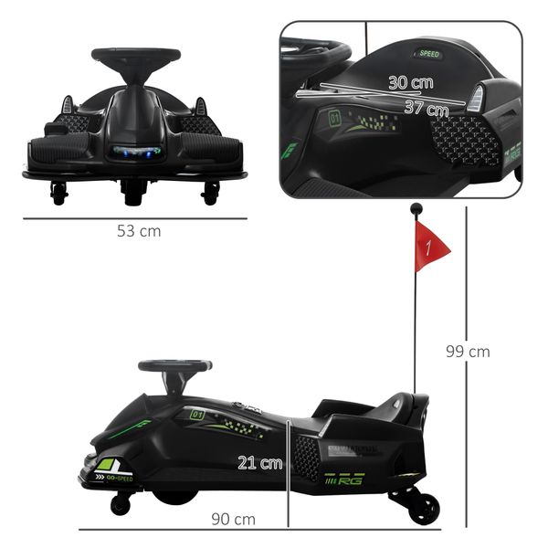Go kart elettrico per bambini 8-12 anni velocità 3-8 km/h per drifting con luci e musica, nero - 