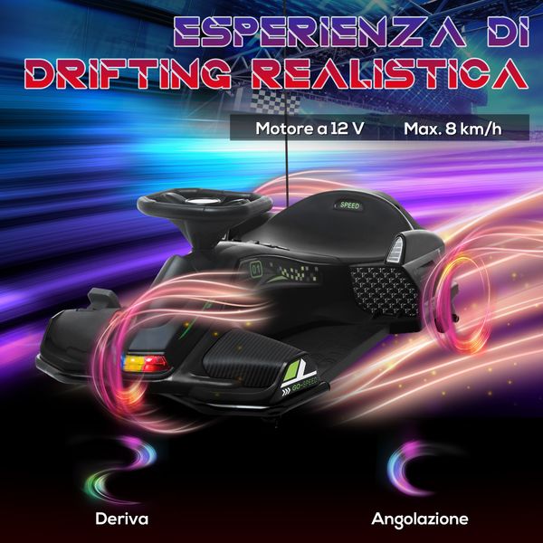 Go kart elettrico per bambini 8-12 anni velocità 3-8 km/h per drifting con luci e musica, nero - 