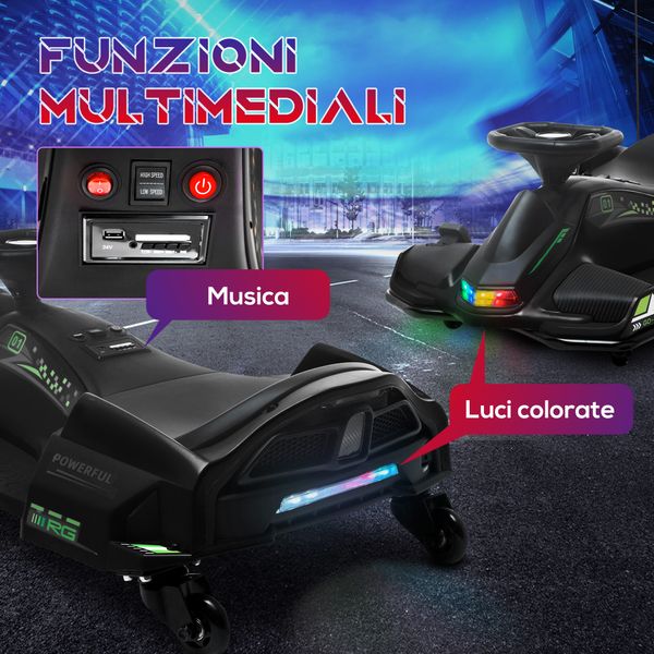 Go kart elettrico per bambini 8-12 anni velocità 3-8 km/h per drifting con luci e musica, nero - 