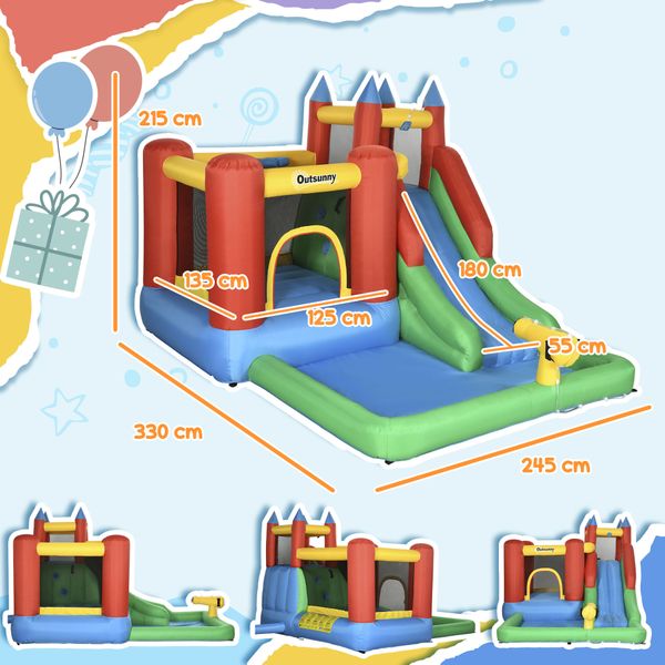 Gioco gonfiabile per bambini 3-8 anni con scivolo, trampolino, piscina, max 4 bambini, 330x245x215cm - 