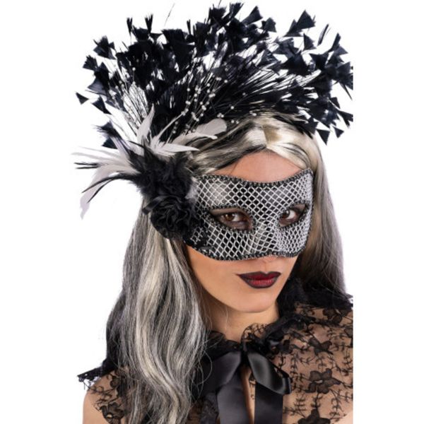 Maschera preziosa nera e argento con piume - CARNIVAL TOYS