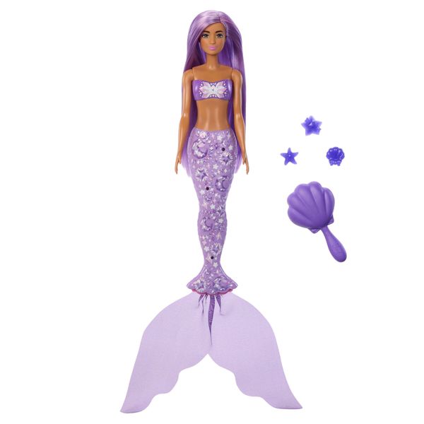 Barbie color reveal - tesori del mare, bambola sirena con effetto cambia colore, 6 accessori a sorpresa inclusi - Barbie