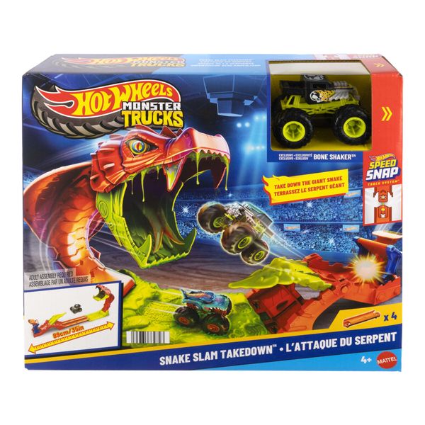 Hot wheels monster trucks – attacco del serpente - set pista con lanciatore e veicolo bone shaker 1:64 incluso - Hot Wheels