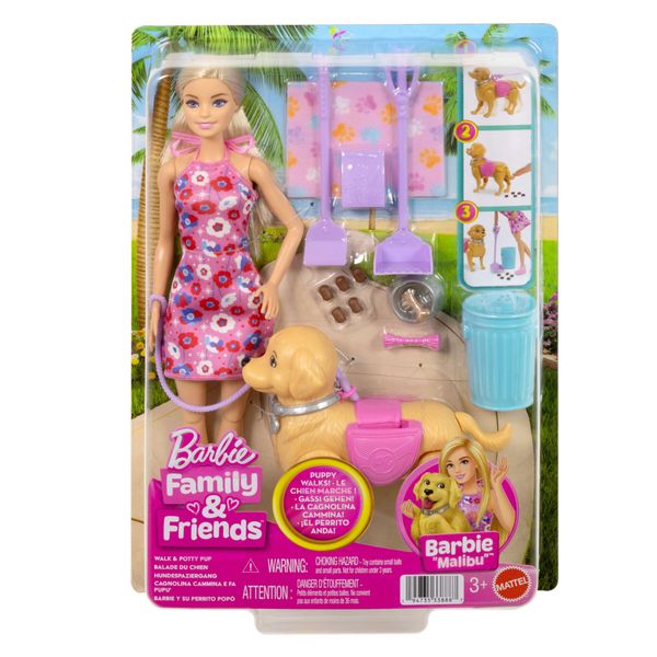 Barbie - barbie e cucciolo bisognini, set con bambola bionda barbie "malibu", cucciolo e accessori per la passeggiata inclusi - Barbie