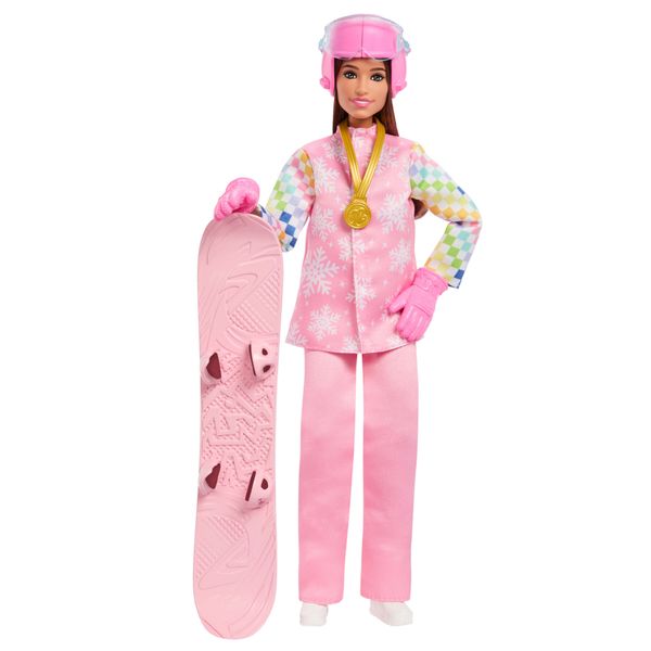 Barbie carriere - snowboarder, bambola castana con giacca da neve, pantaloni e stivali rosa, 10 accessori e snowboard che cambia colore - Barbie