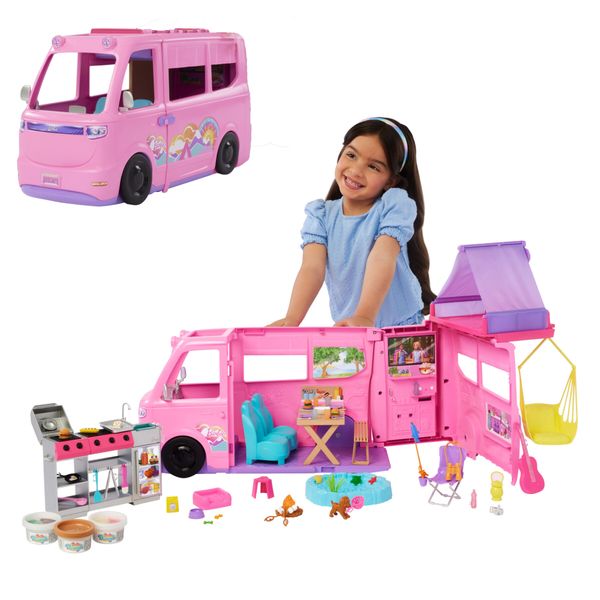 Barbie - camper dei sogni, veicolo con oltre 60 accessori e pasta modellabile, effetto cambia colore, include tenda sul tetto e altalena - Barbie