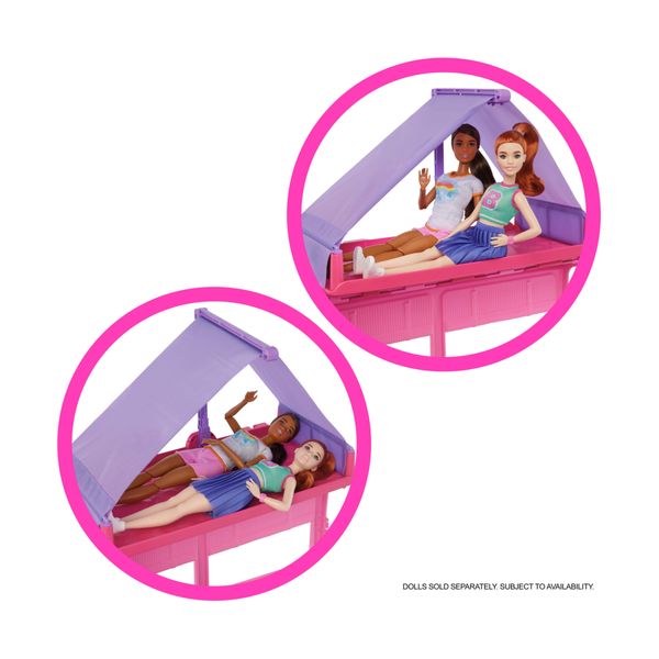 Barbie - camper dei sogni, veicolo con oltre 60 accessori e pasta modellabile, effetto cambia colore, include tenda sul tetto e altalena - Barbie