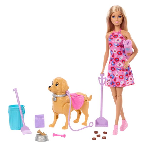 Barbie - barbie e cucciolo bisognini, set con bambola bionda barbie "malibu", cucciolo e accessori per la passeggiata inclusi - Barbie