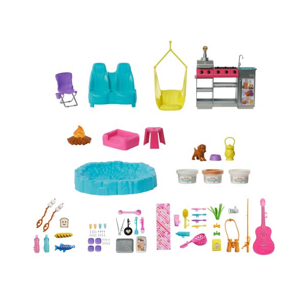 Barbie - camper dei sogni, veicolo con oltre 60 accessori e pasta modellabile, effetto cambia colore, include tenda sul tetto e altalena - Barbie