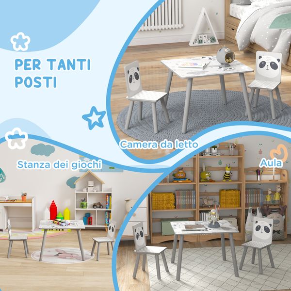 Set tavolino e 2 sedie per bambini 3-8 anni in mdf e legno di pino, grigio - 
